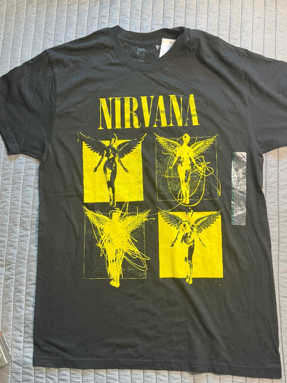 NIRVANA Black Short-Sleeve Tee with Yellow Angel Grid Graphic
